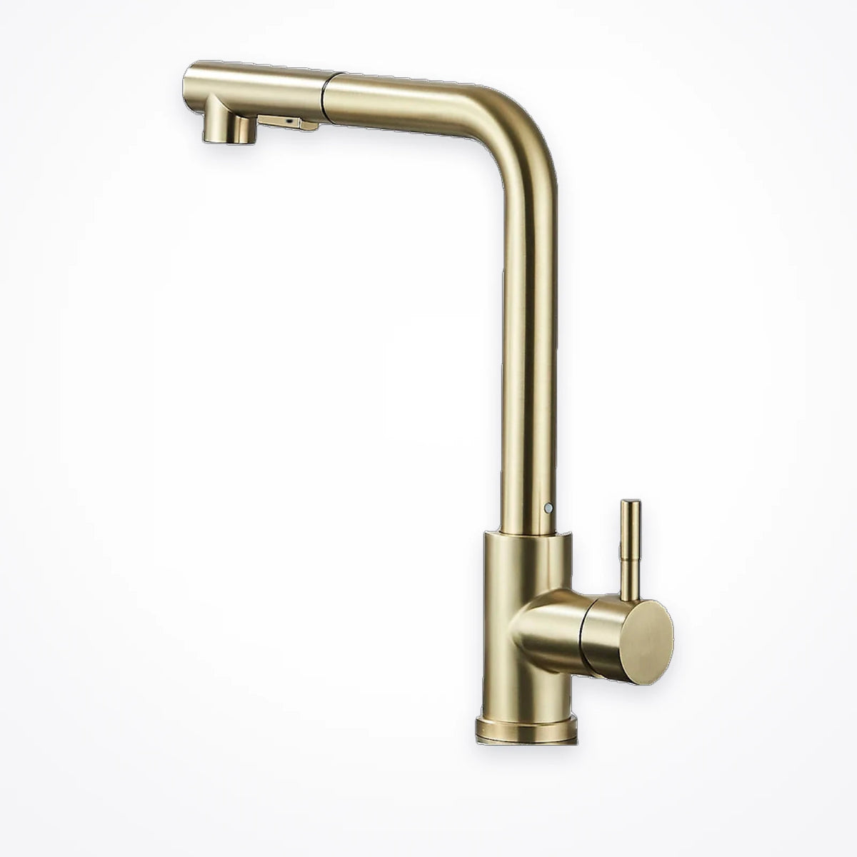 Robinet de cuisine doré brossé à douchette extractible, vu de profil sur fond blanc