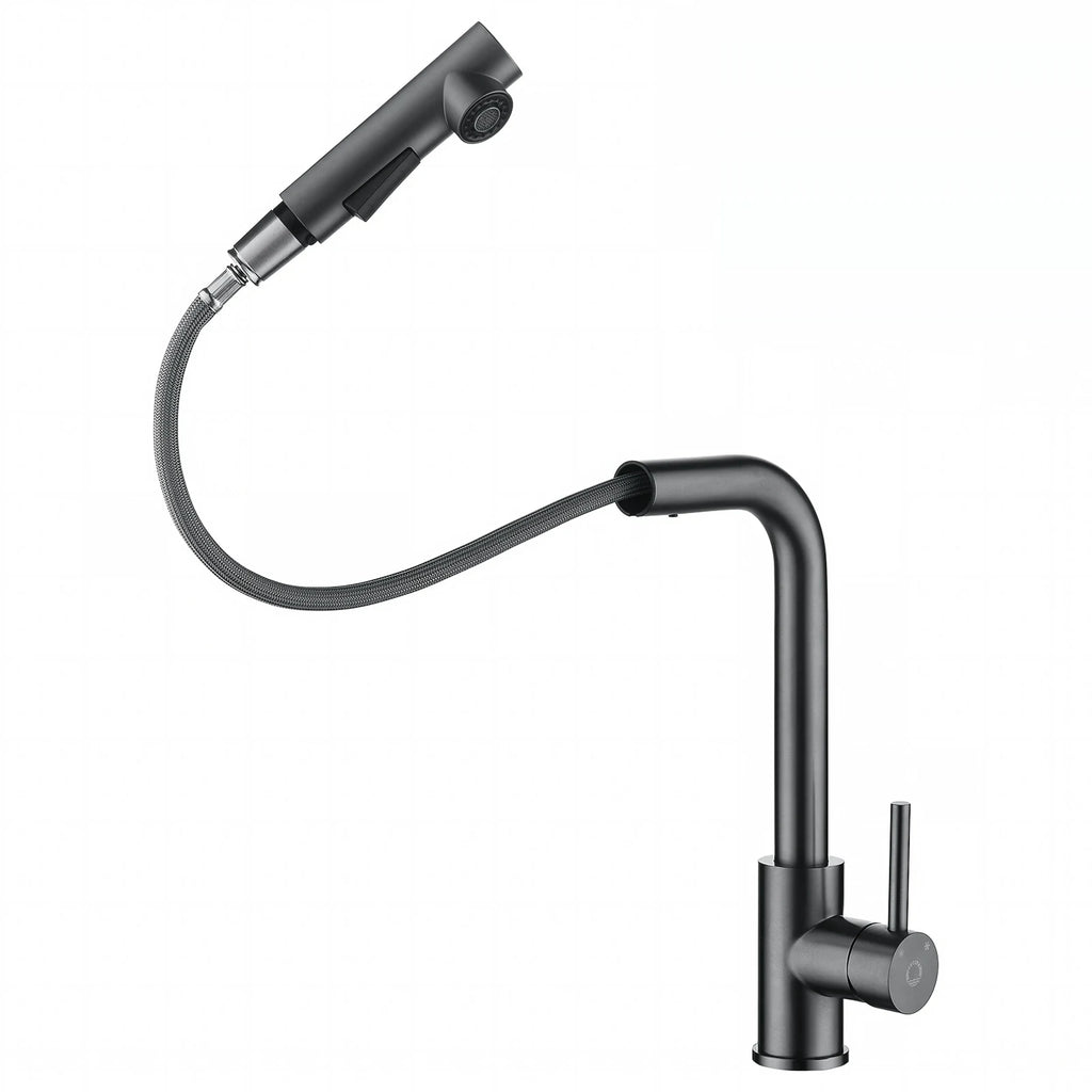Robinet de cuisine gris anthracite, douchette extractible sortie du bec, sur fond blanc