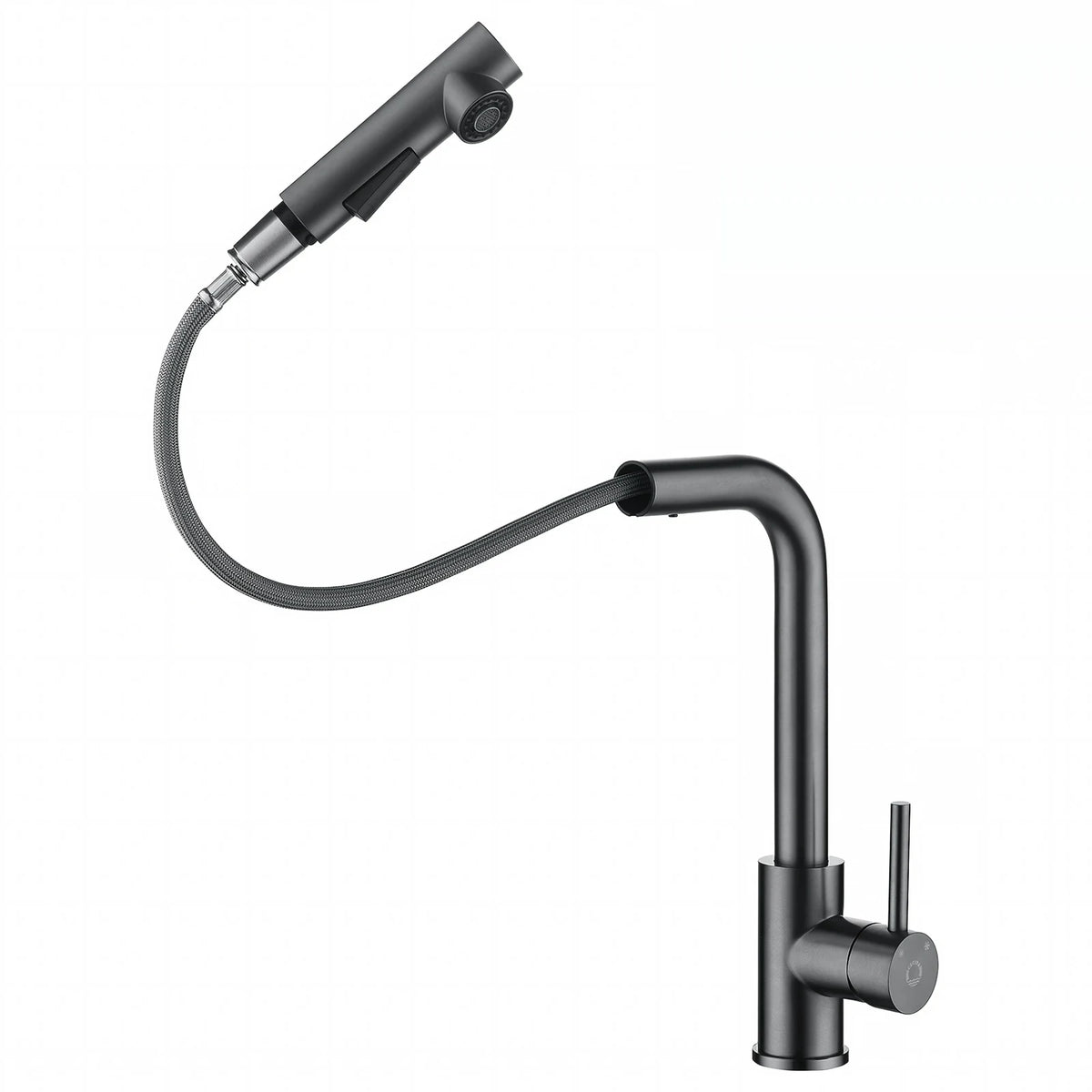 Robinet de cuisine gris anthracite, douchette extractible sortie du bec, sur fond blanc