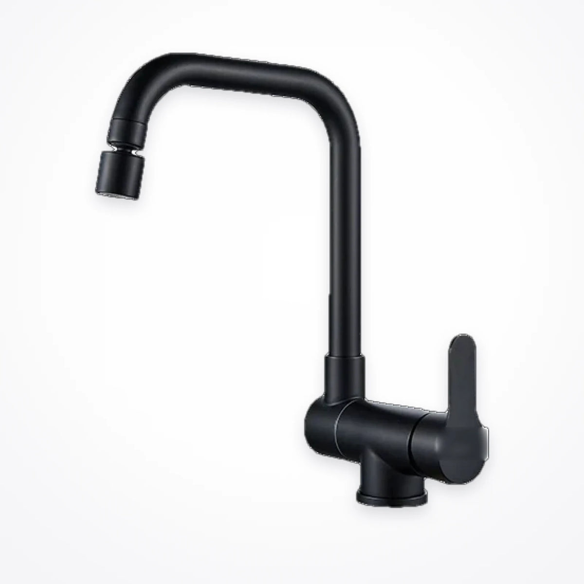Robinet de cuisine rabattable noir mat, bec en U vu de profil sur fond blanc