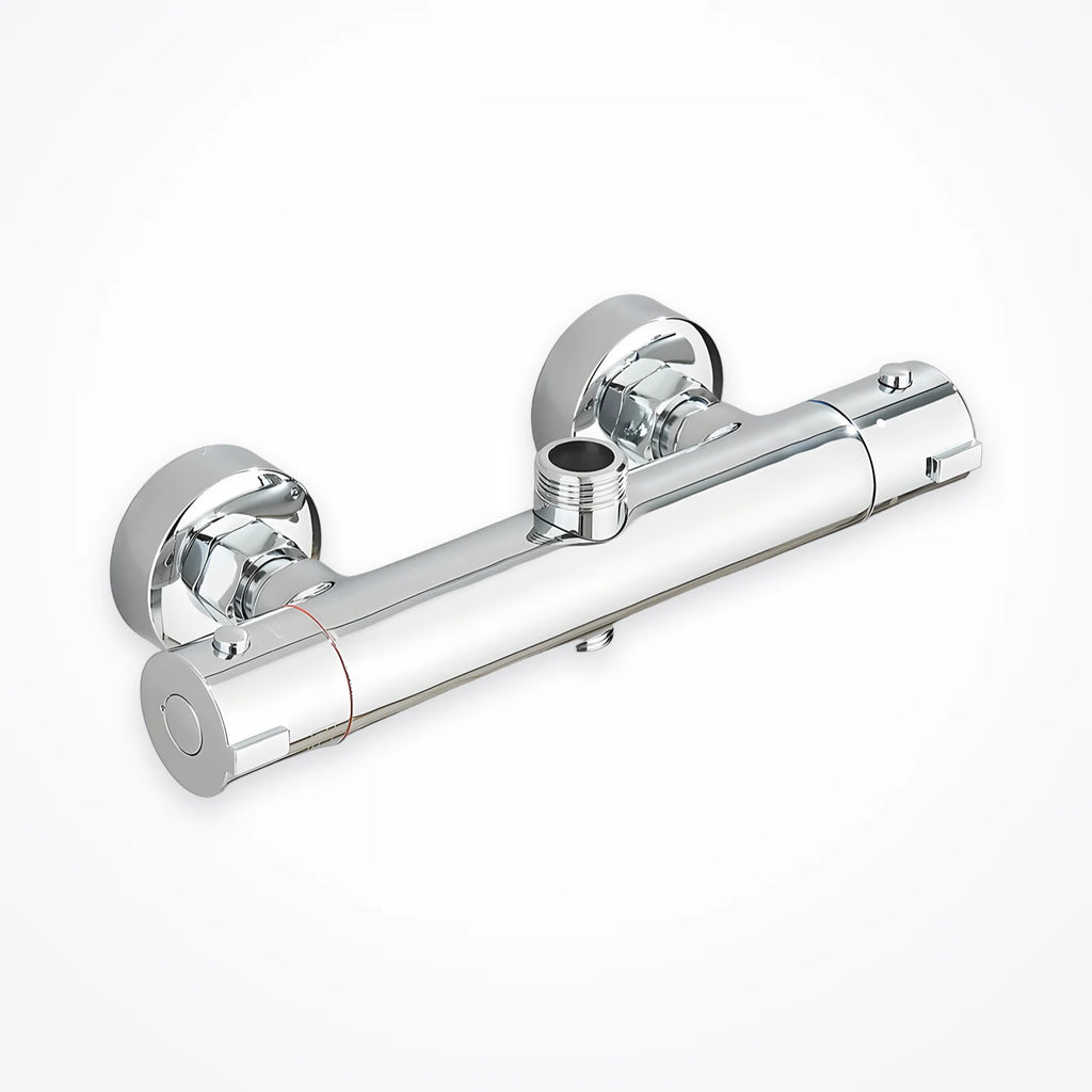 Mitigeur thermostatique de douche mural chromé à corps cylindrique, deux rosaces rondes et sortie filetée sur le dessus du corps