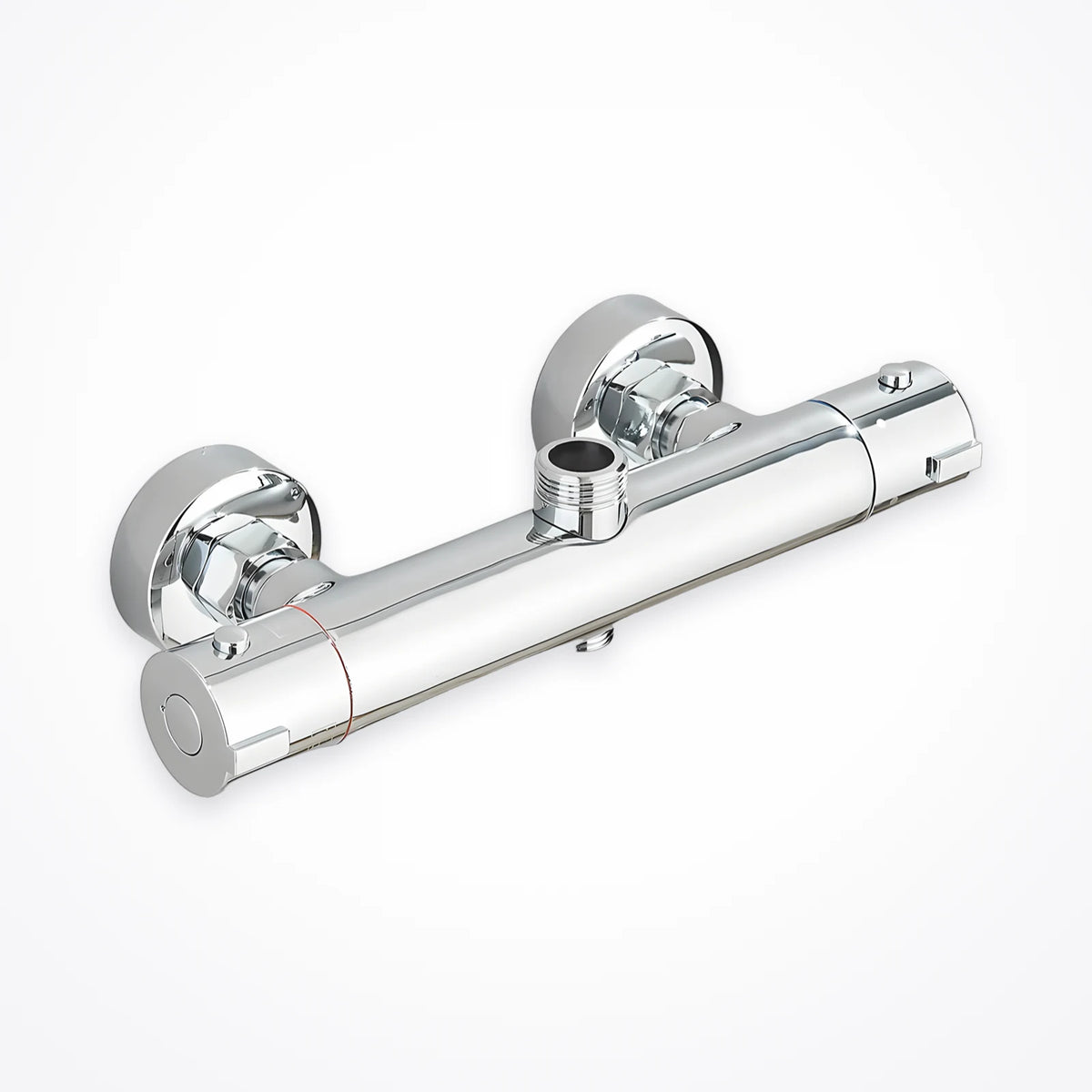 Mitigeur thermostatique de douche mural chromé à corps cylindrique, deux rosaces rondes et sortie filetée sur le dessus du corps