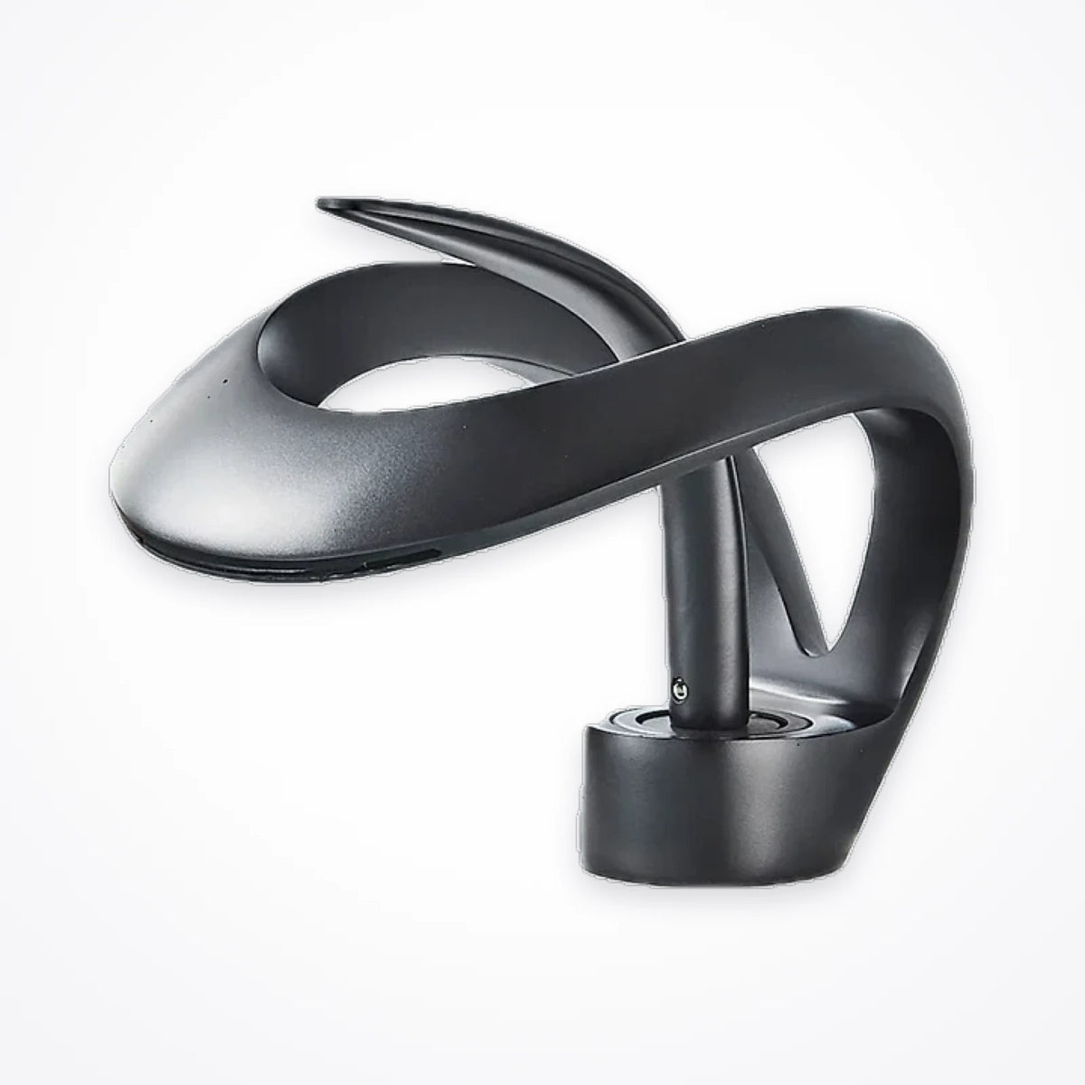 Robinet cascade de lavabo gris canon, bec en boucle de laiton, vu de trois quarts sur fond clair