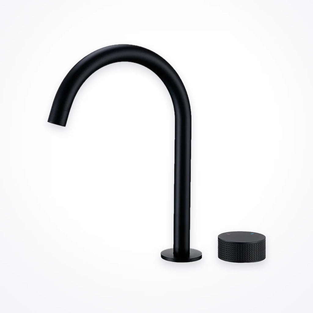 Robinet de lavabo 2 trous noir mat : le bec col-de-cygne et sa molette, vus de profil sur fond blanc