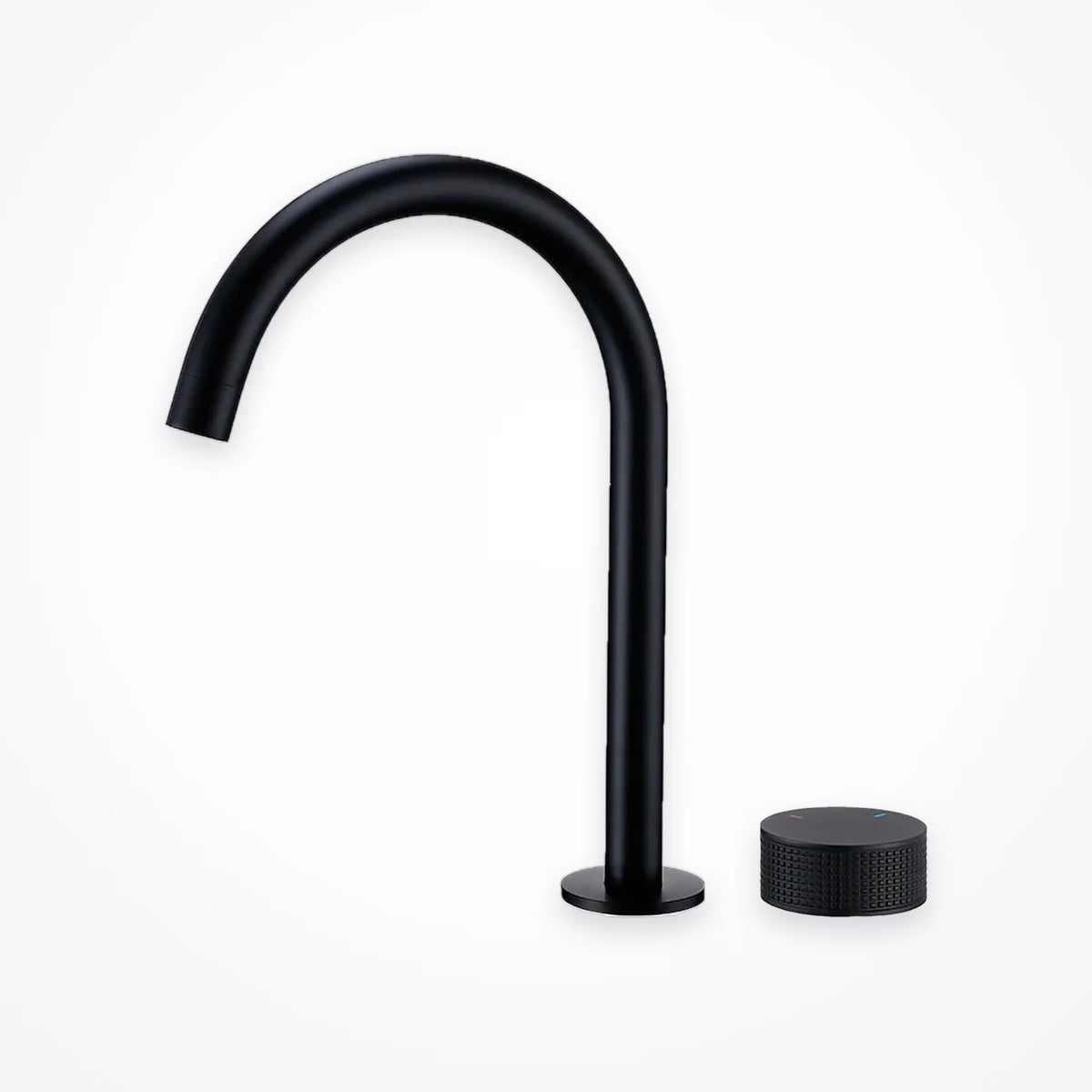 Robinet de lavabo 2 trous noir mat : le bec col-de-cygne et sa molette, vus de profil sur fond blanc