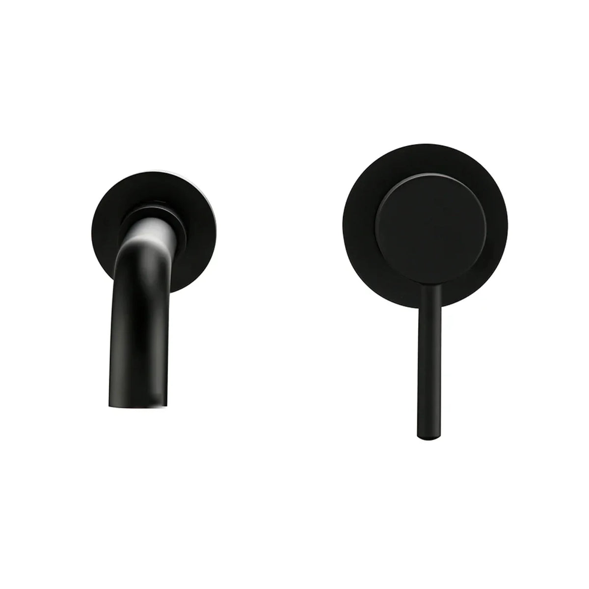 Robinet de lavabo mural noir mat : le bec courbe et sa manette à levier, vus de face sur fond blanc