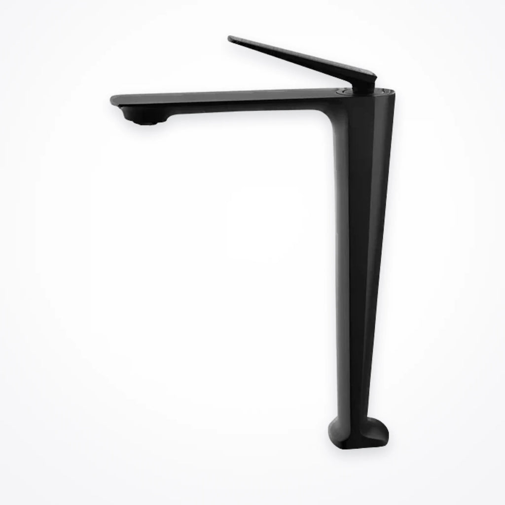 Robinet noir à bec haut pour vasque à poser, colonne effilée de 30 cm, vu de profil sur fond clair