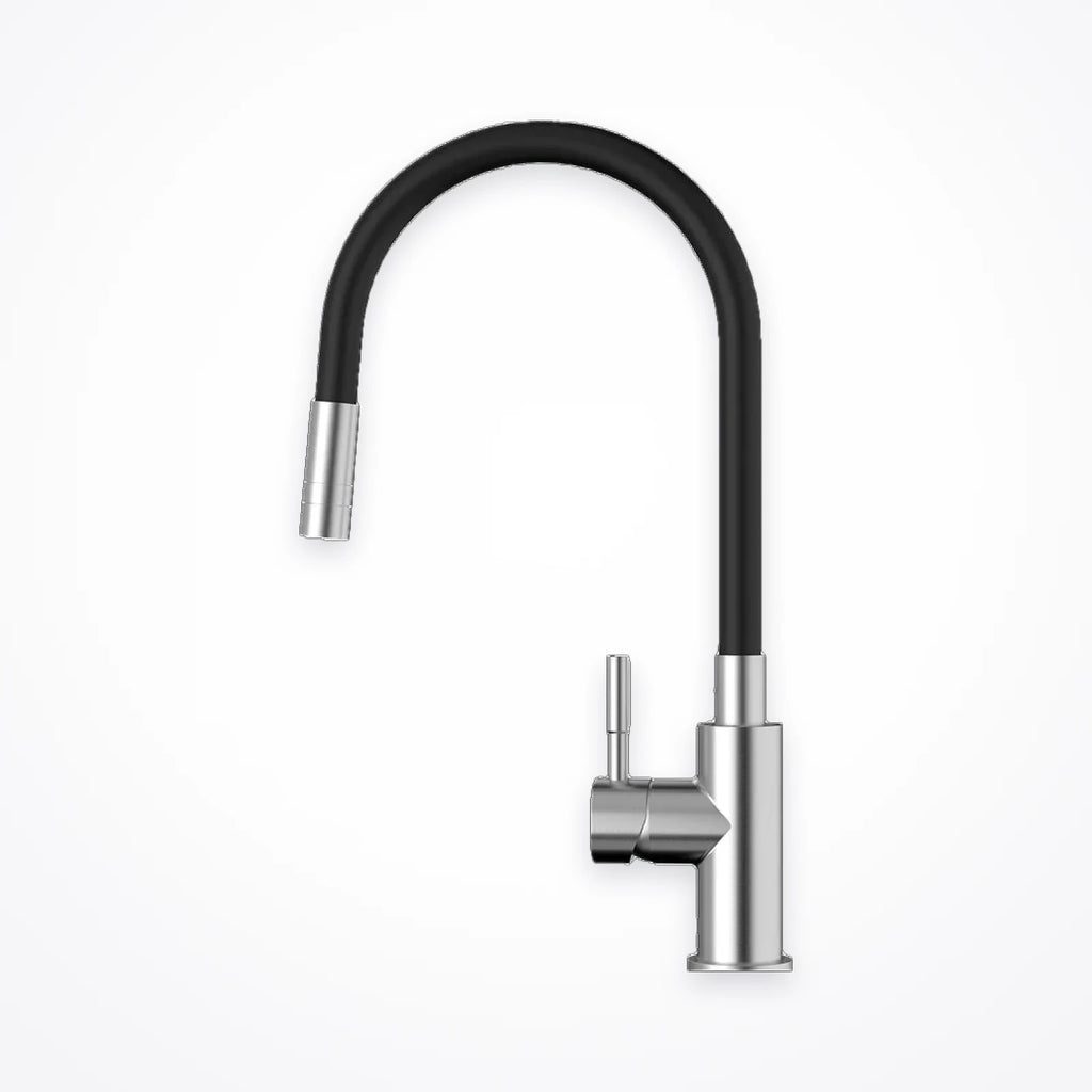 Robinet de cuisine noir à bec flexible orientable, vu de profil sur fond blanc