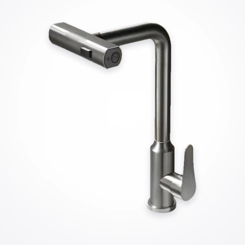Robinet de cuisine gris gunmetal à tête cascade, avec bec pivotant et manette latérale
