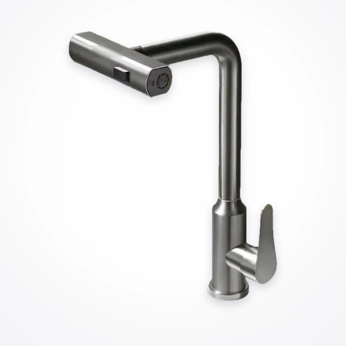 Robinet de cuisine gris gunmetal à tête cascade, avec bec pivotant et manette latérale