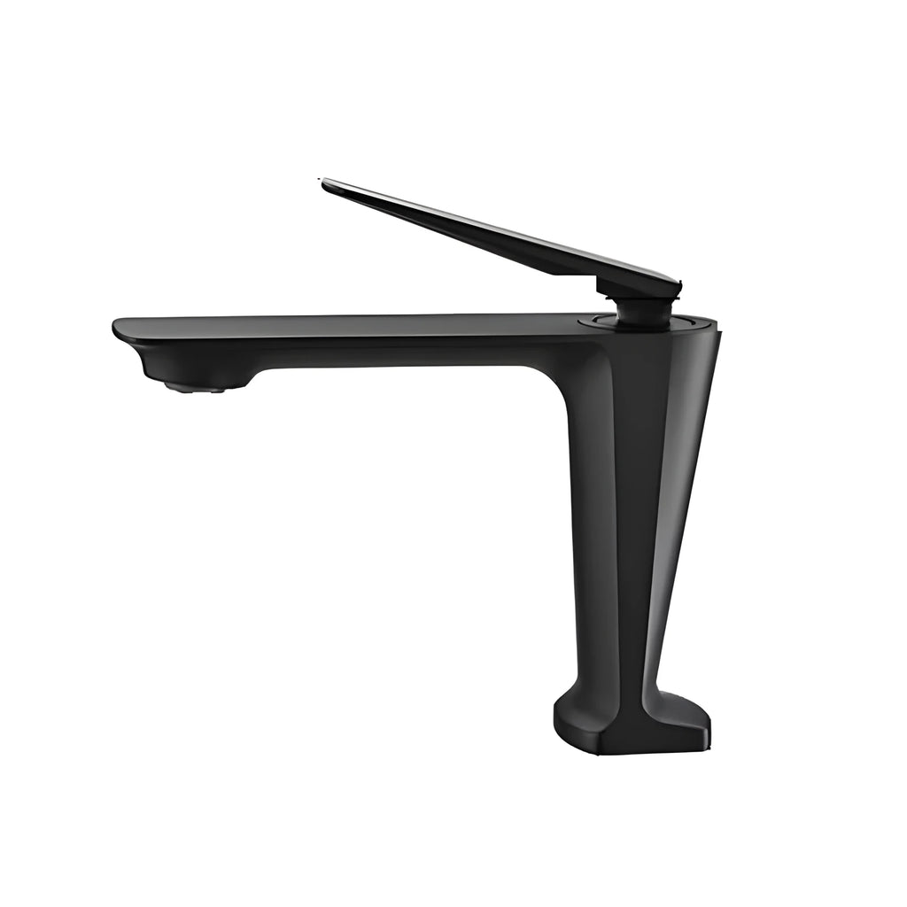 Robinet mitigeur de lavabo noir à bec plat, levier relevé, vu de profil sur fond blanc