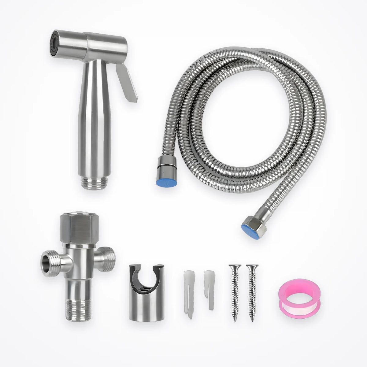 Kit de douchette WC en inox : douchette à main, flexible, robinet d'alimentation, support, vis et chevilles