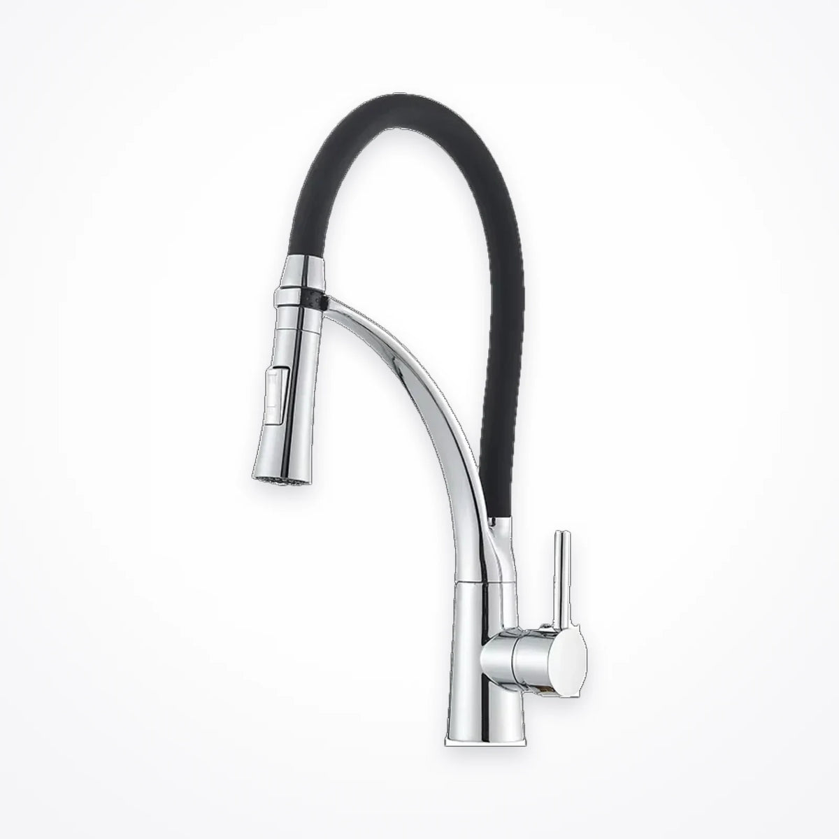 Robinet mitigeur de cuisine chromé à douchette orientable, vu de profil sur fond blanc