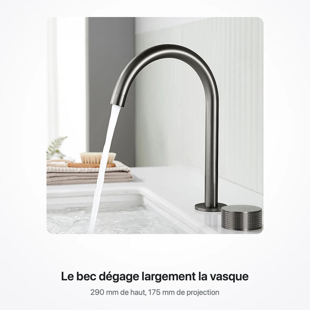 Bec gunmetal en écoulement au-dessus d'une vasque blanche