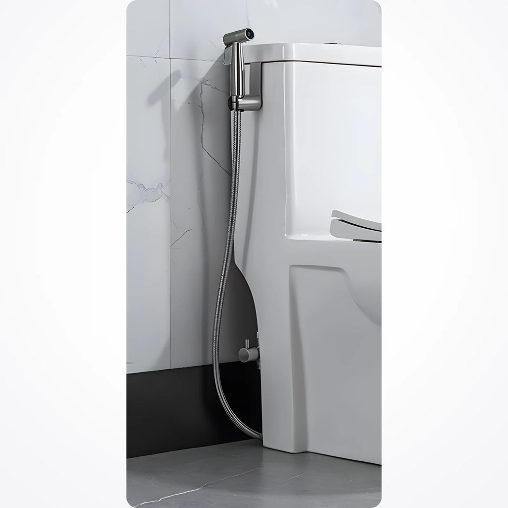 Douchette WC en inox posée à l'angle du réservoir, flexible descendant vers le robinet d'alimentation fixé au mur