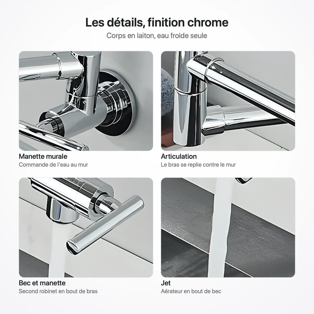 Quatre gros plans du robinet mural chromé : manette murale, articulation, bec avec sa manette, jet de l'aérateur