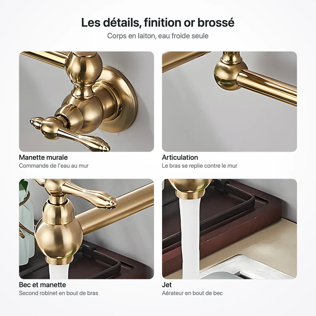 Quatre gros plans du robinet mural doré : manette murale sur sa rosace, articulation à rotule, bec avec sa manette, jet de l'aérateur