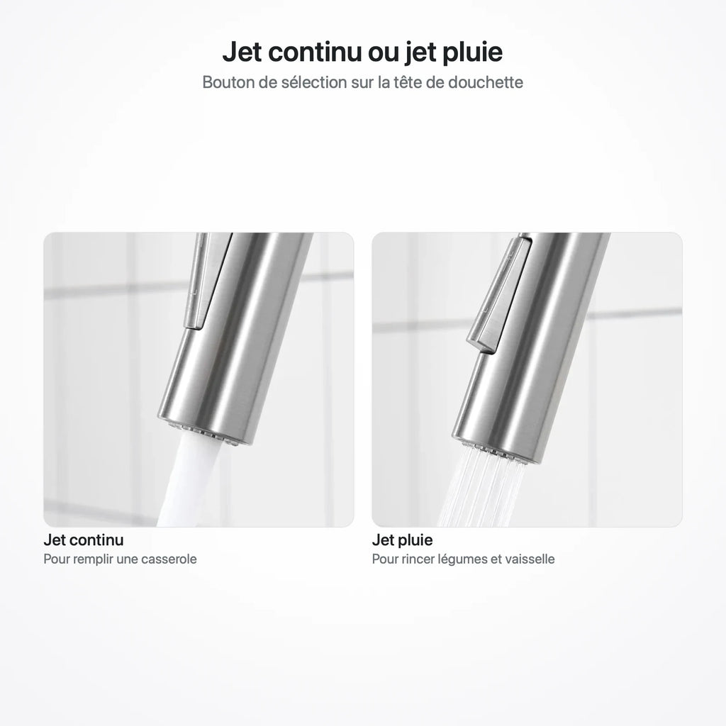Tête de douchette comparée en jet continu et en jet pluie