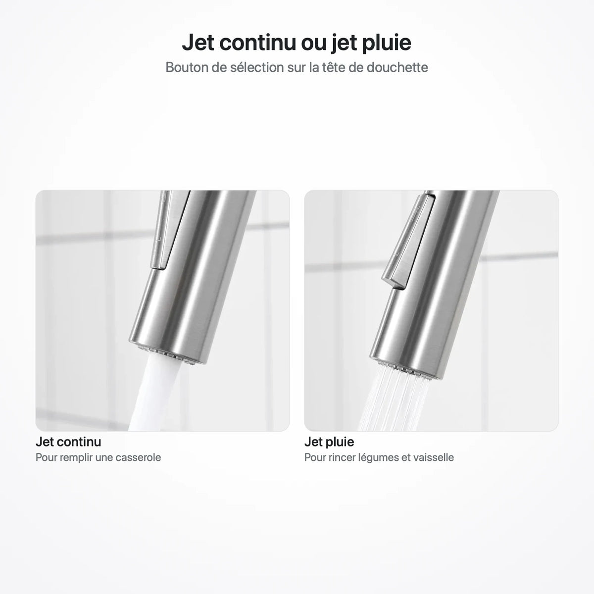 Tête de douchette comparée en jet continu et en jet pluie