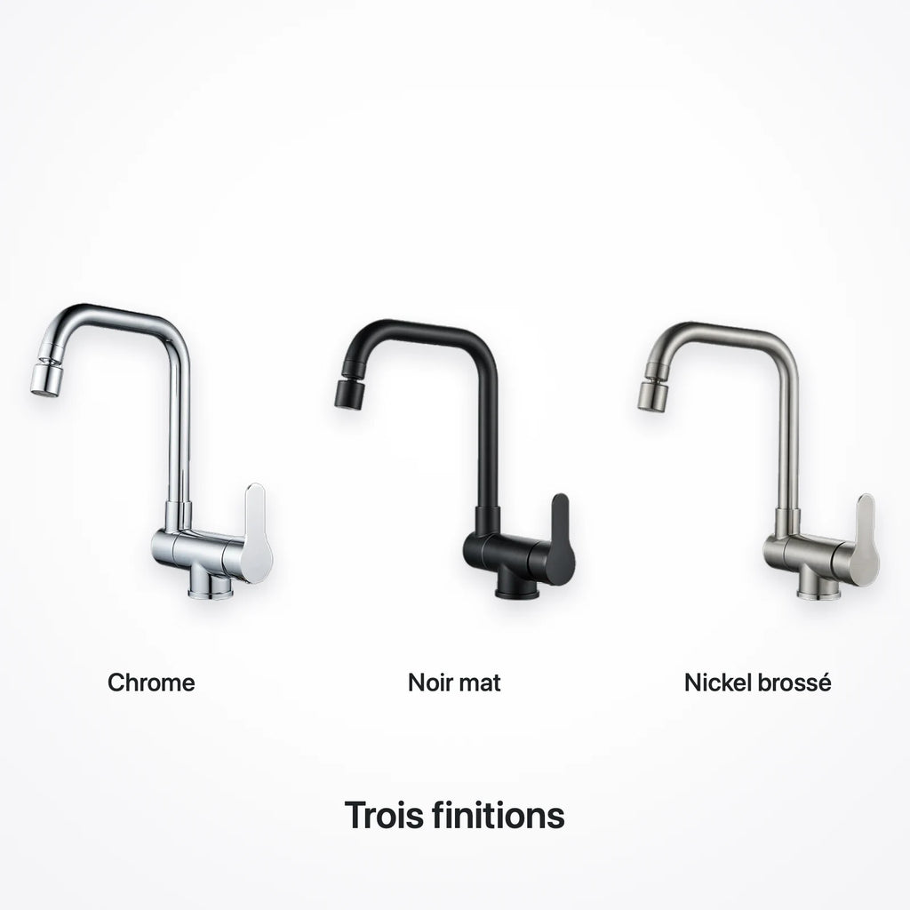 Le robinet rabattable dans ses trois finitions : chrome, noir mat et nickel brossé