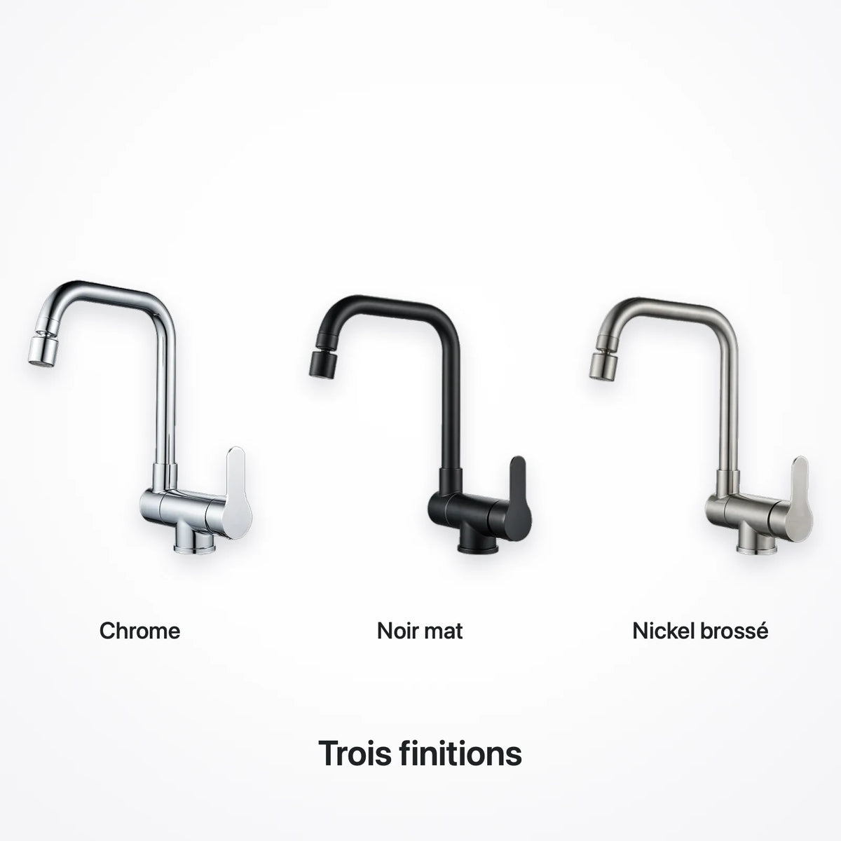 Le robinet rabattable dans ses trois finitions : chrome, noir mat et nickel brossé