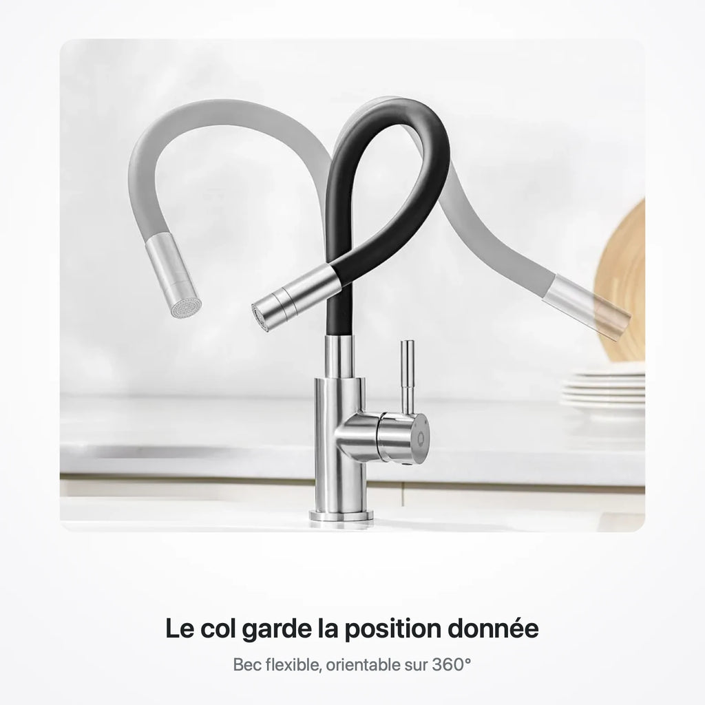 Bec flexible du robinet maintenu dans trois positions différentes au-dessus du plan de travail