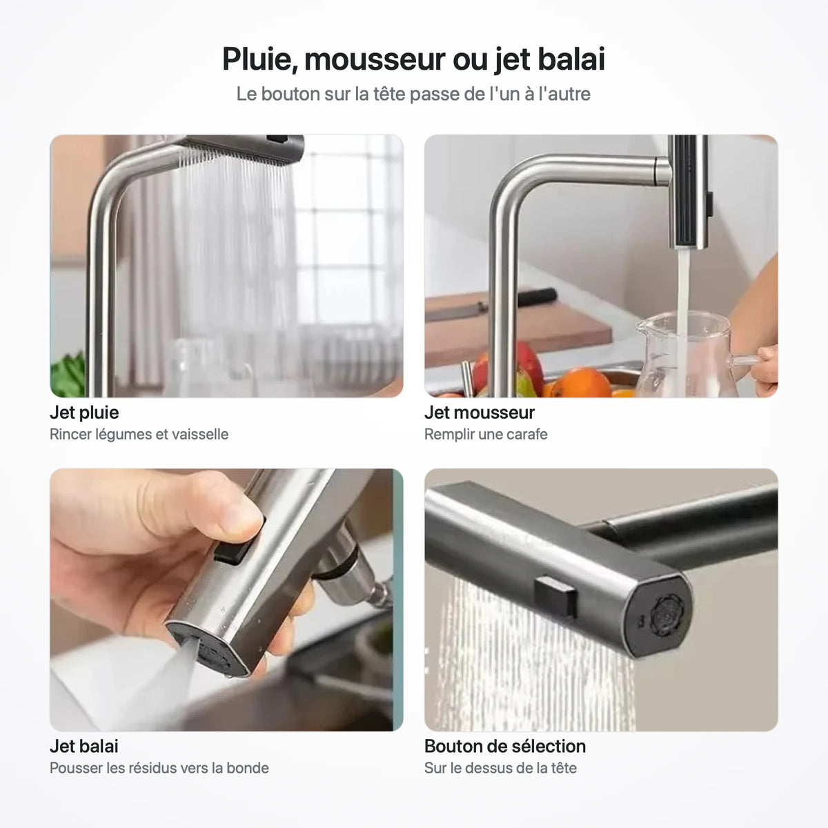 Les trois jets de la tête : jet pluie, jet mousseur et jet balai, et le bouton qui les sélectionne