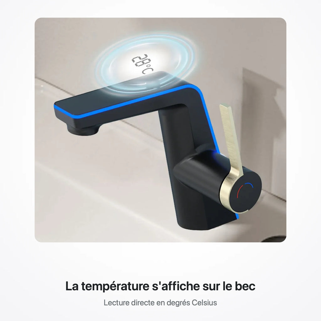 Gros plan sur l'écran LED du bec, qui affiche 28 degrés Celsius