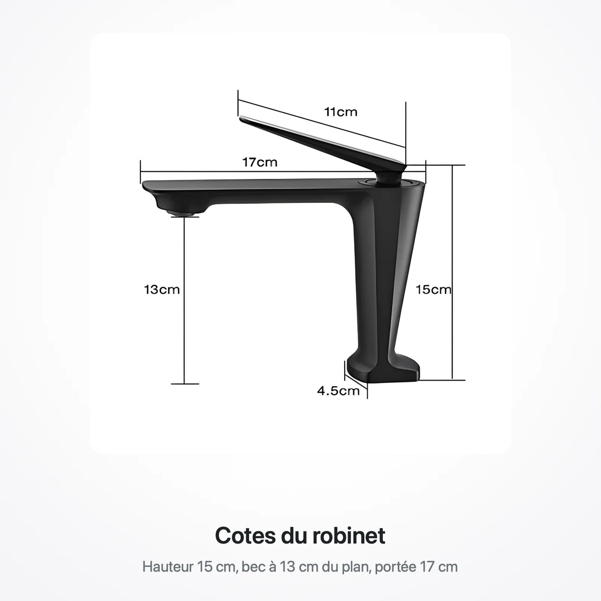 Schéma coté du robinet mitigeur de lavabo : hauteur 15 cm, bec à 13 cm du plan, portée 17 cm, levier 11 cm, embase 4,5 cm