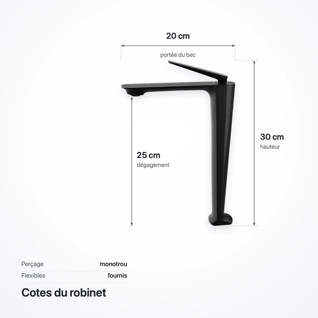Cotes du robinet pour vasque à poser : hauteur 30 cm, dégagement 25 cm sous le bec, portée 20 cm