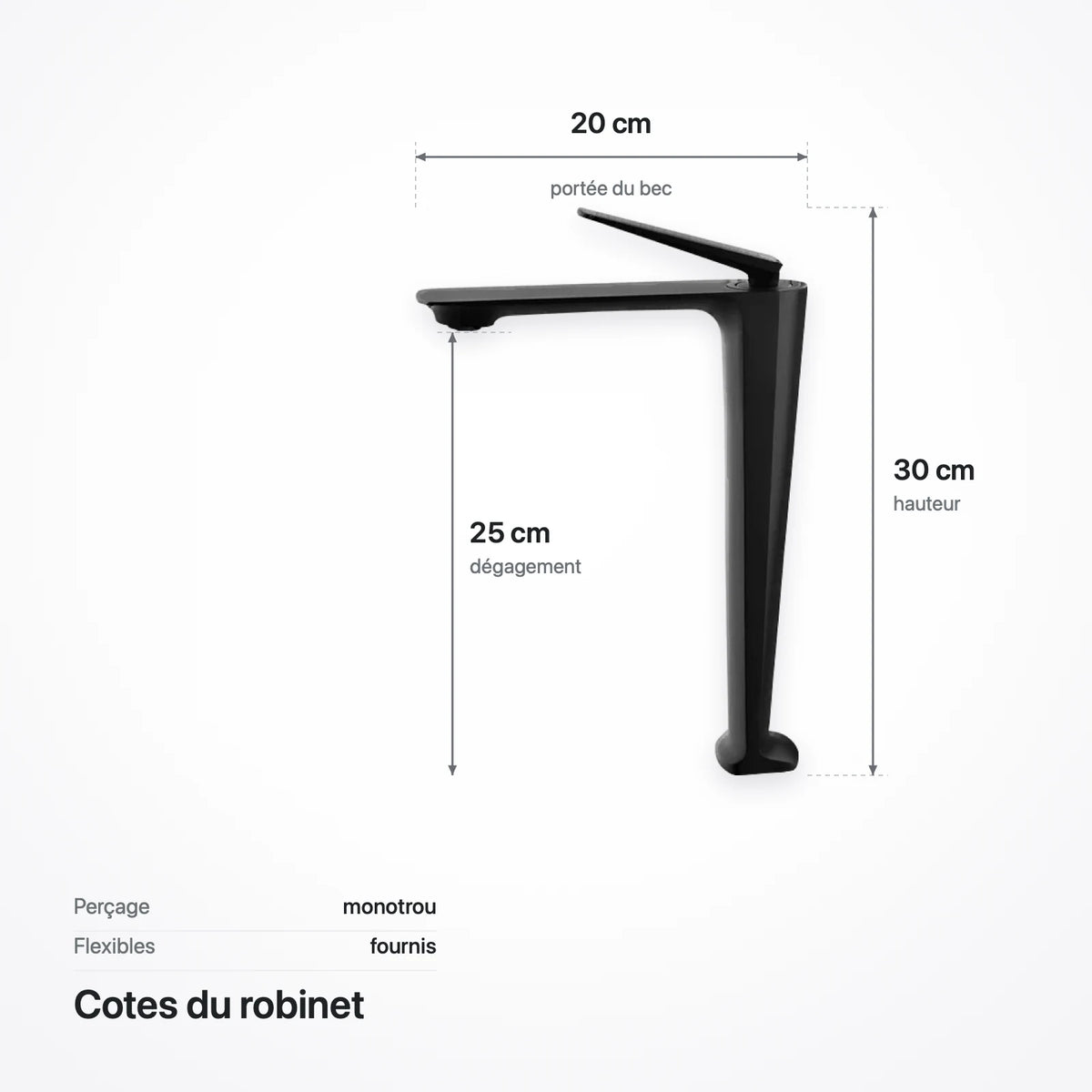 Cotes du robinet pour vasque à poser : hauteur 30 cm, dégagement 25 cm sous le bec, portée 20 cm