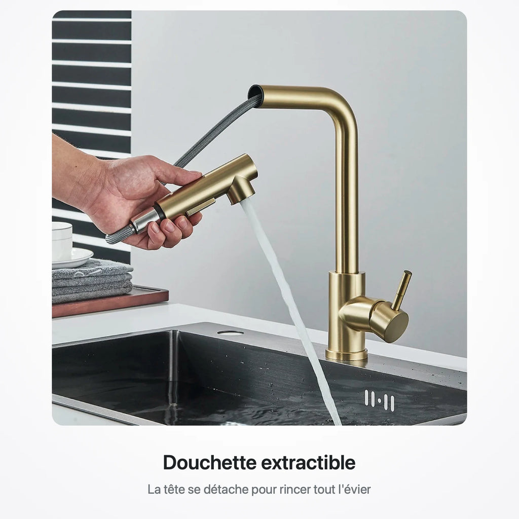 Main tirant la douchette extractible du robinet au-dessus d'un évier en inox