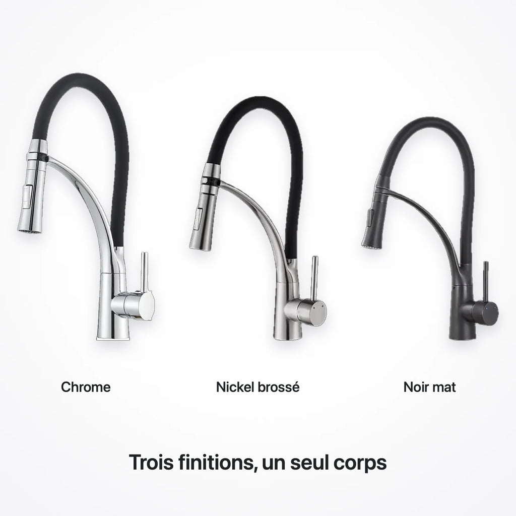 Les trois finitions du robinet côte à côte : chrome, nickel brossé et noir mat