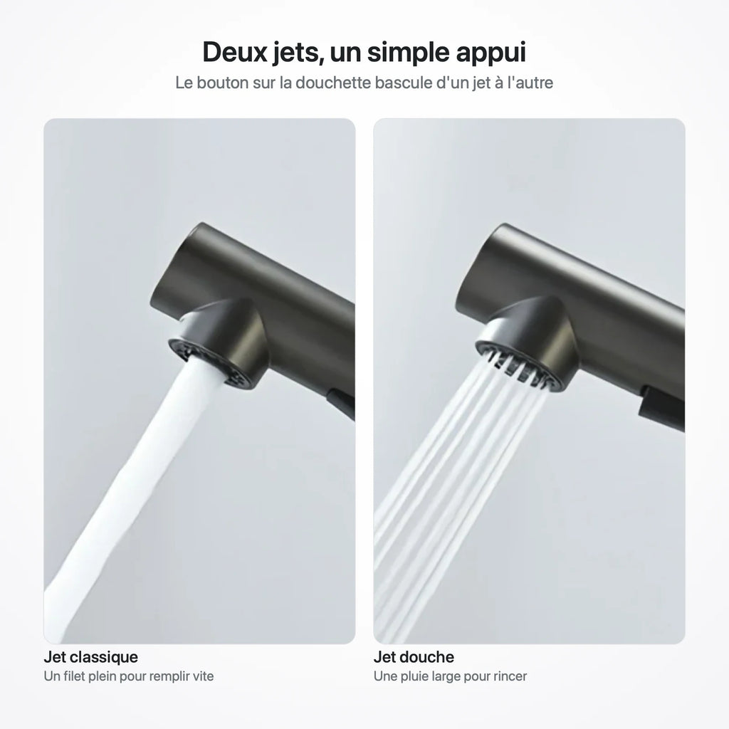 Les deux jets de la douchette : filet classique et pluie de douche