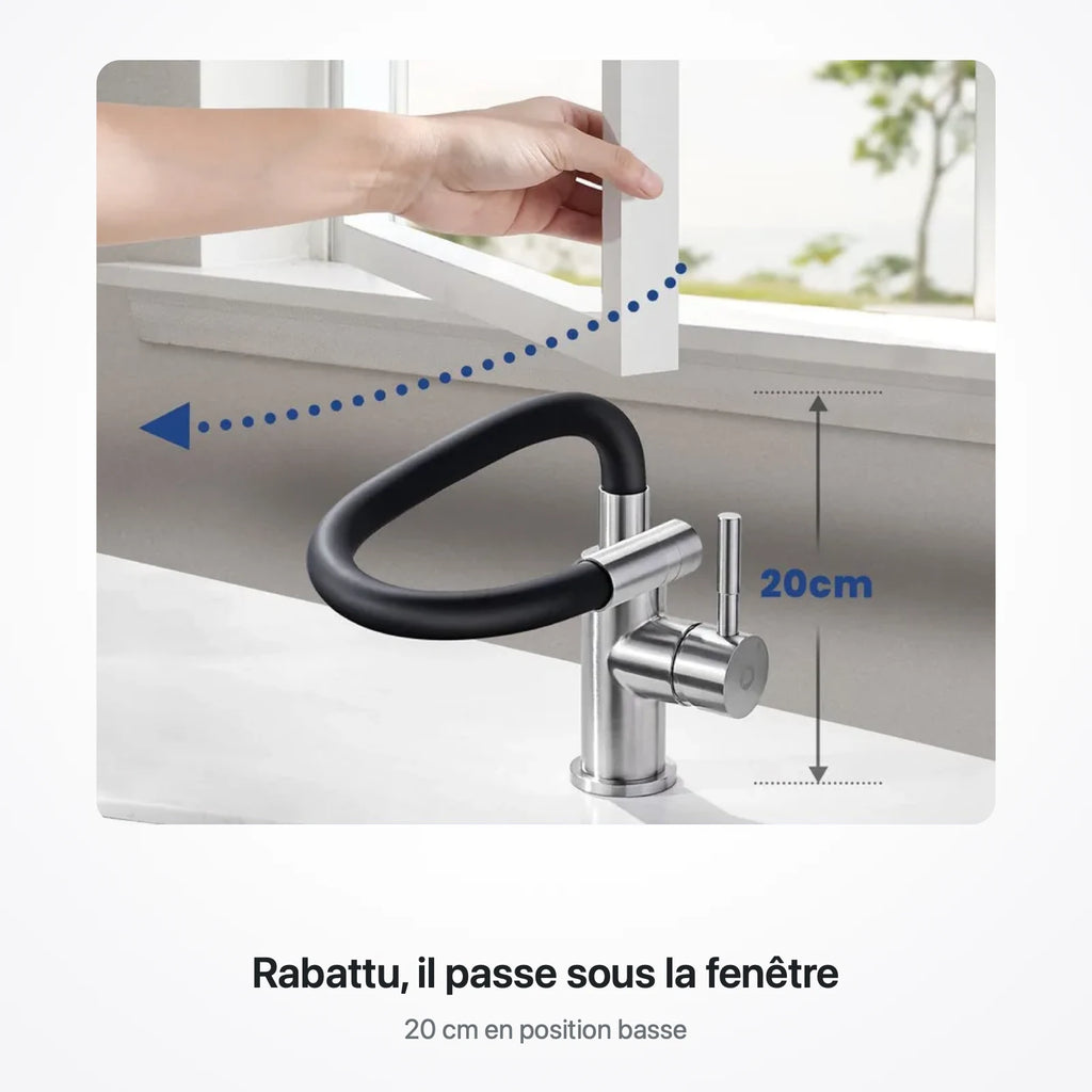 Robinet rabattu à 20 cm de hauteur pour passer sous une fenêtre ouverte