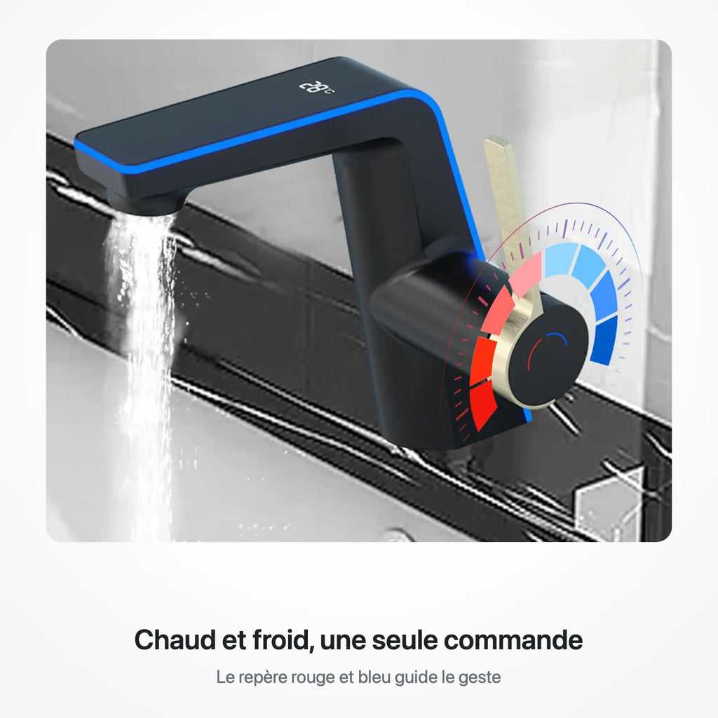 Robinet en écoulement : le repère rouge et bleu gravé sur la commande de température