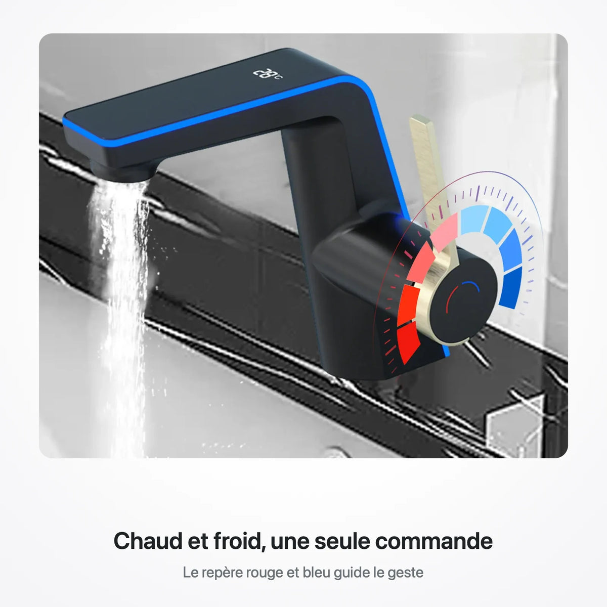 Robinet en écoulement : le repère rouge et bleu gravé sur la commande de température