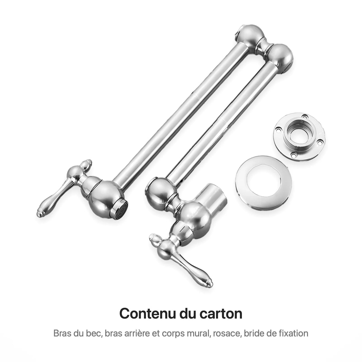 Contenu du carton du robinet mural nickel : bras du bec, bras arrière et corps mural, rosace et bride de fixation