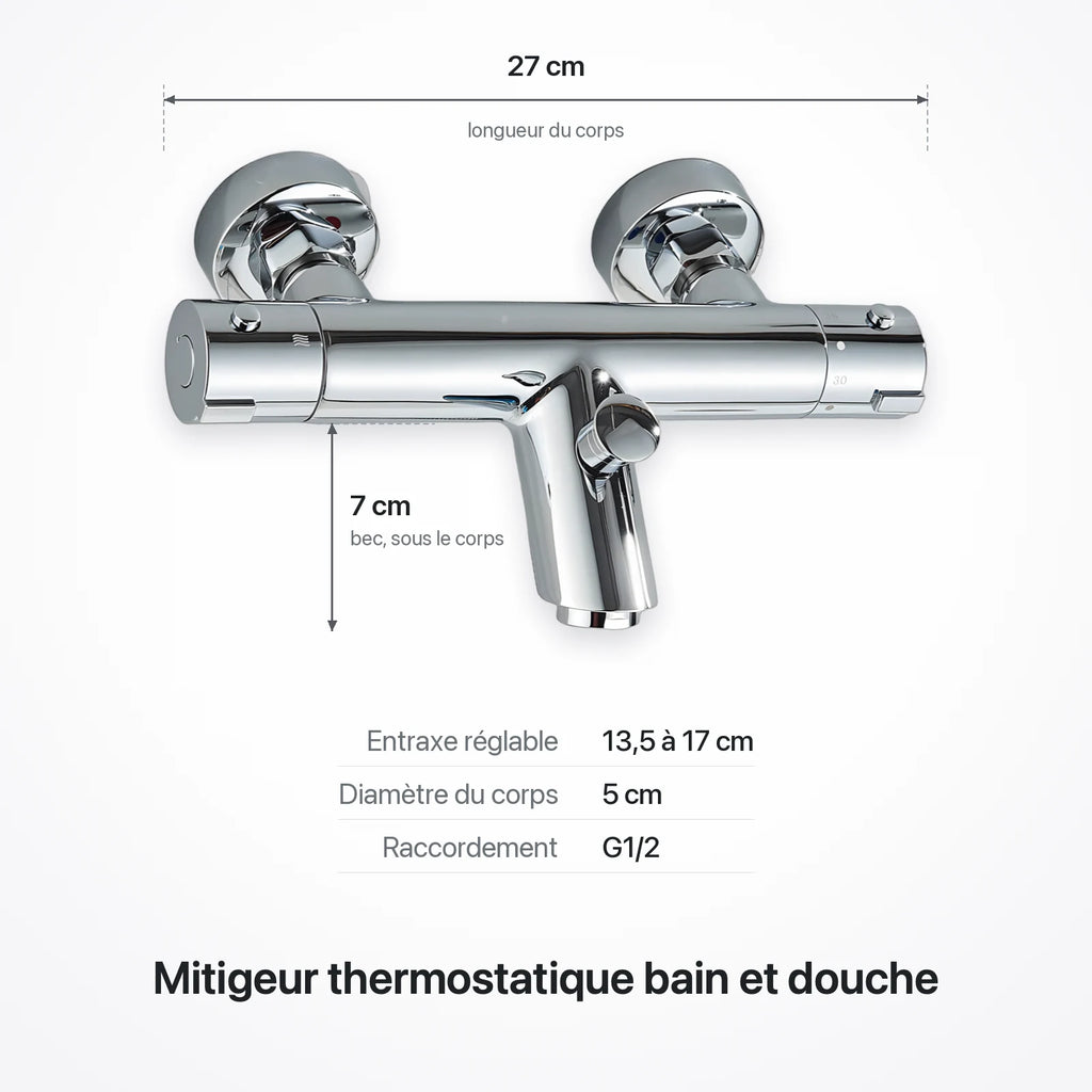 Schéma coté du mitigeur thermostatique mural chromé : corps 27 cm, bec 7 cm sous le corps, entraxe réglable de 13,5 à 17 cm, diamètre 5 cm, raccordement G1/2
