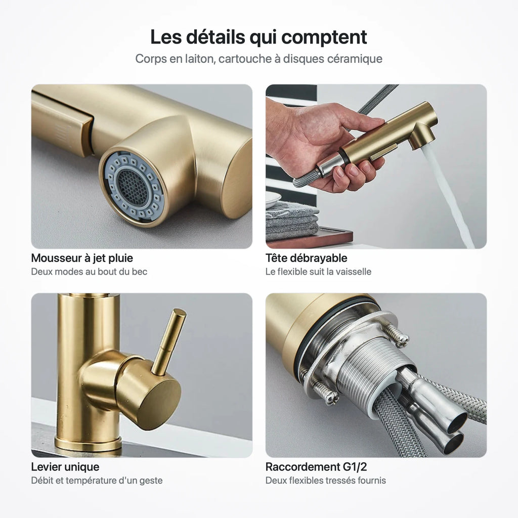 Quatre gros plans du robinet : mousseur à jet pluie, tête débrayable, levier unique et raccordement G1/2