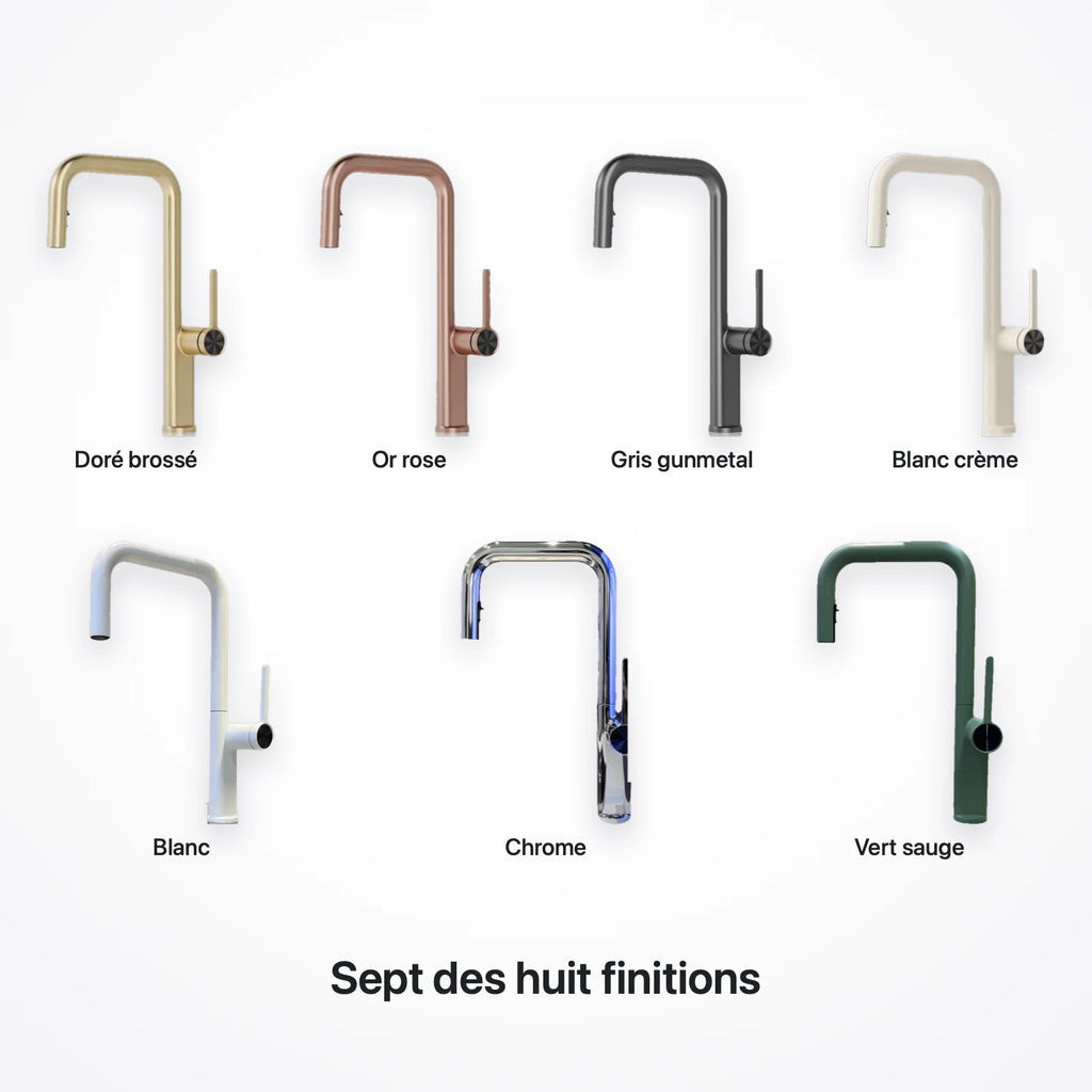Le robinet dans sept finitions : doré brossé, or rose, gris gunmetal, blanc crème, blanc, chrome et vert sauge