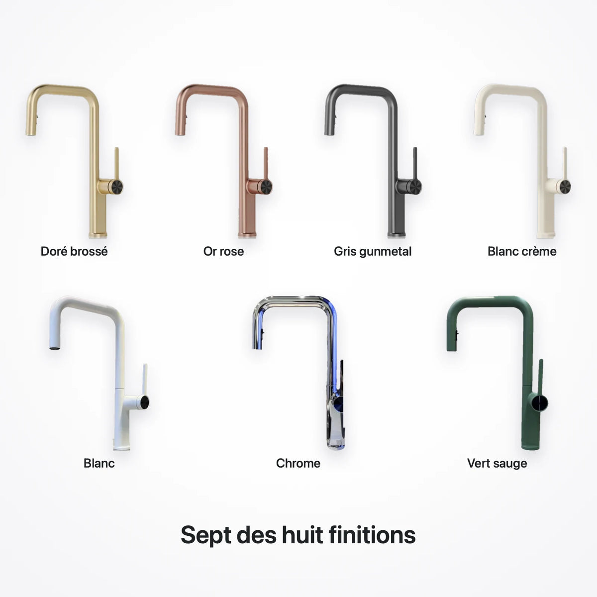 Le robinet dans sept finitions : doré brossé, or rose, gris gunmetal, blanc crème, blanc, chrome et vert sauge