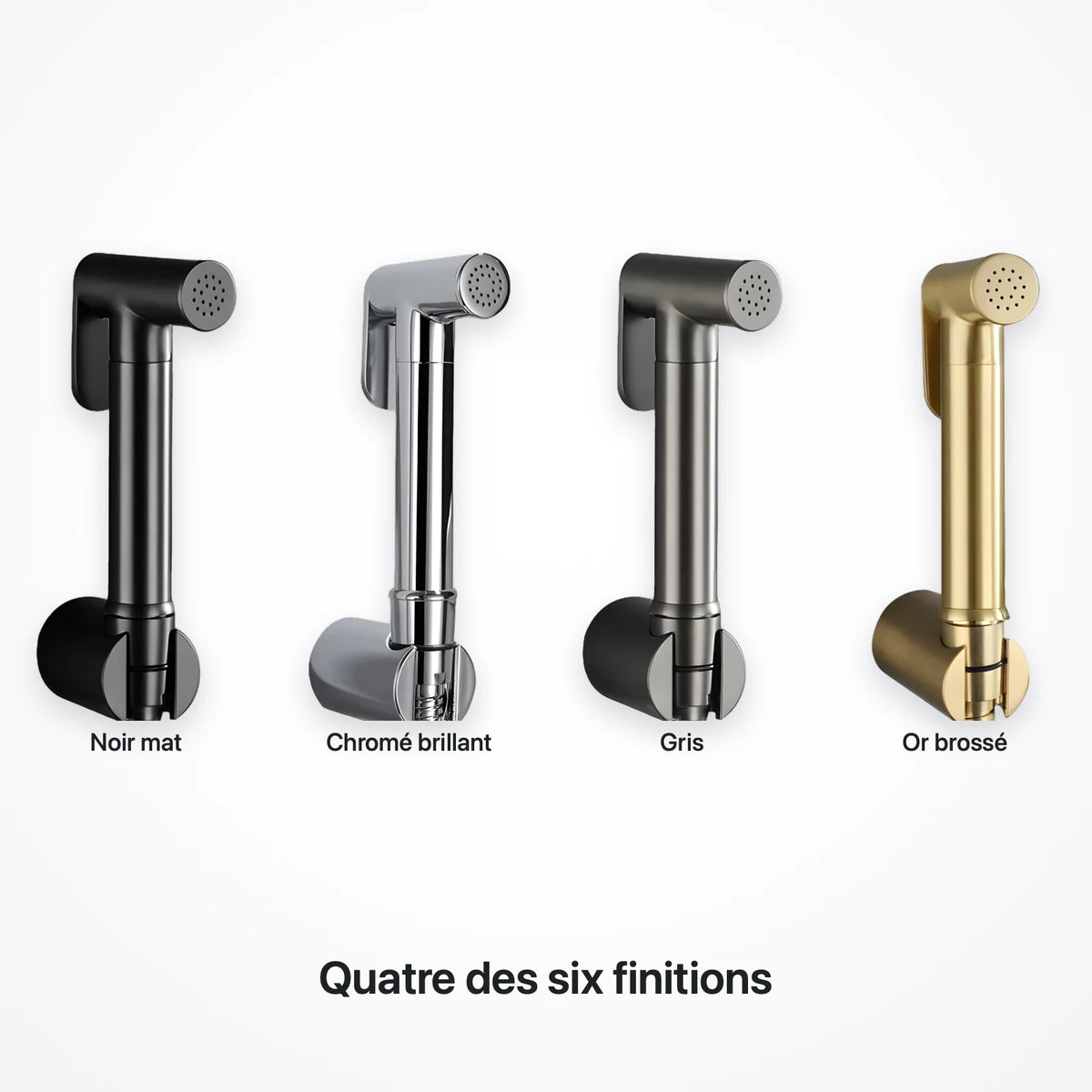 Douchette WC sur son support mural en quatre finitions : noir mat, chromé brillant, gris, or brossé