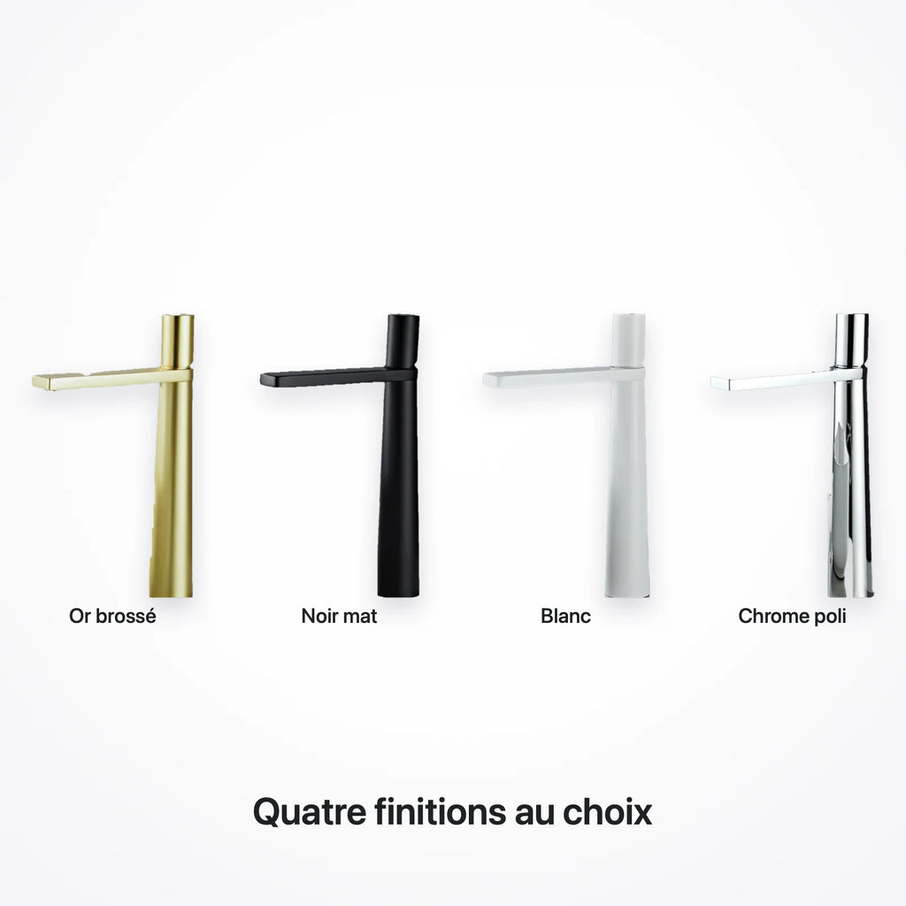 Les quatre finitions du robinet de lavabo : or brossé, noir mat, blanc et chrome poli