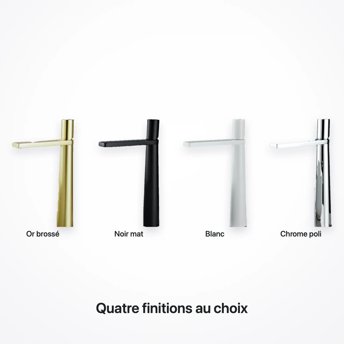 Les quatre finitions du robinet de lavabo : or brossé, noir mat, blanc et chrome poli
