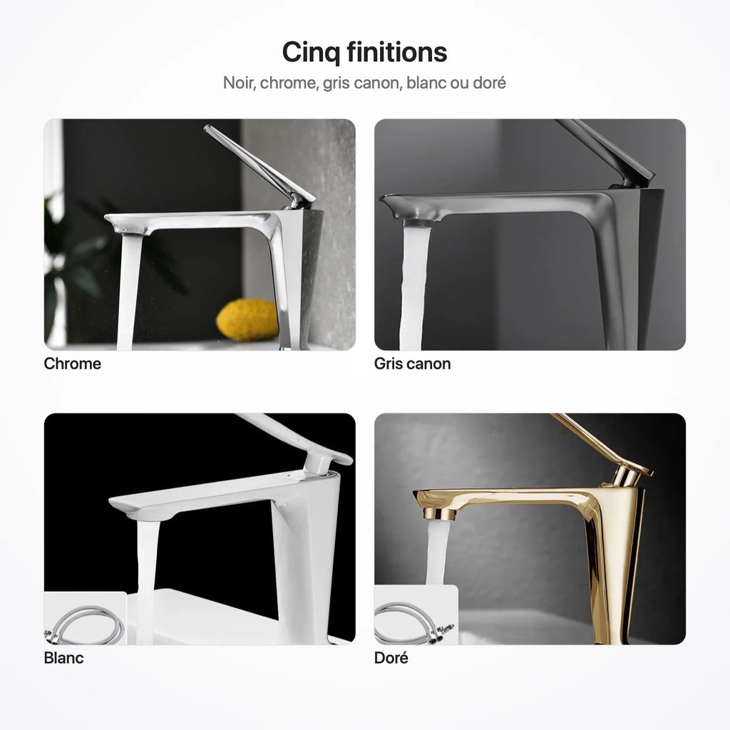 Les finitions du robinet mitigeur de lavabo à bec plat : chrome, gris canon, blanc et doré