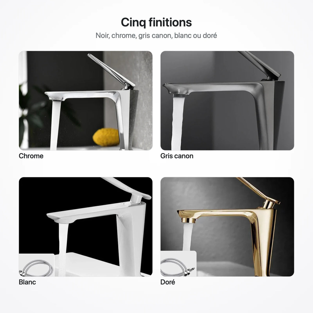 Les finitions du robinet mitigeur de lavabo à bec plat : chrome, gris canon, blanc et doré