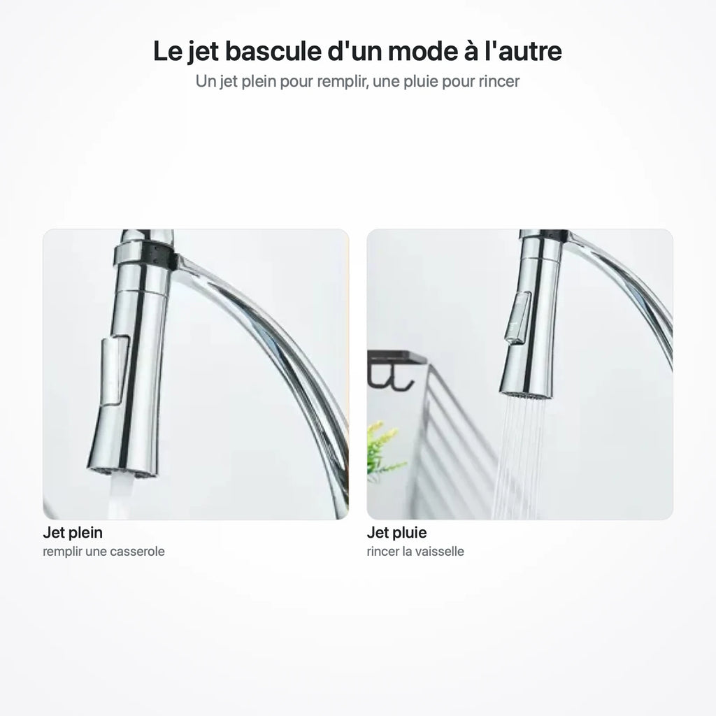 Les deux jets du robinet : jet plein pour remplir, jet pluie pour rincer