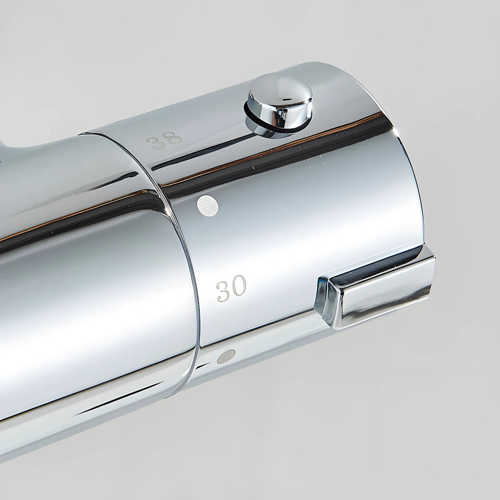 Molette thermostatique chromée graduée 30 et 38, bouton poussoir de sécurité sur le dessus
