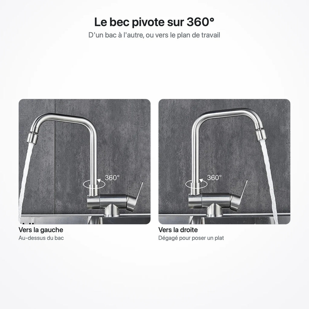 Le bec du robinet orienté vers la gauche puis vers la droite pour illustrer la rotation à 360°